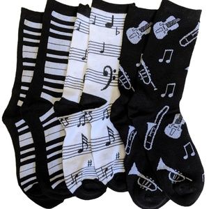 3 Pr Ladies Crew Socks Music Notes Instruments Trumpet Trombone Piano Keyboard